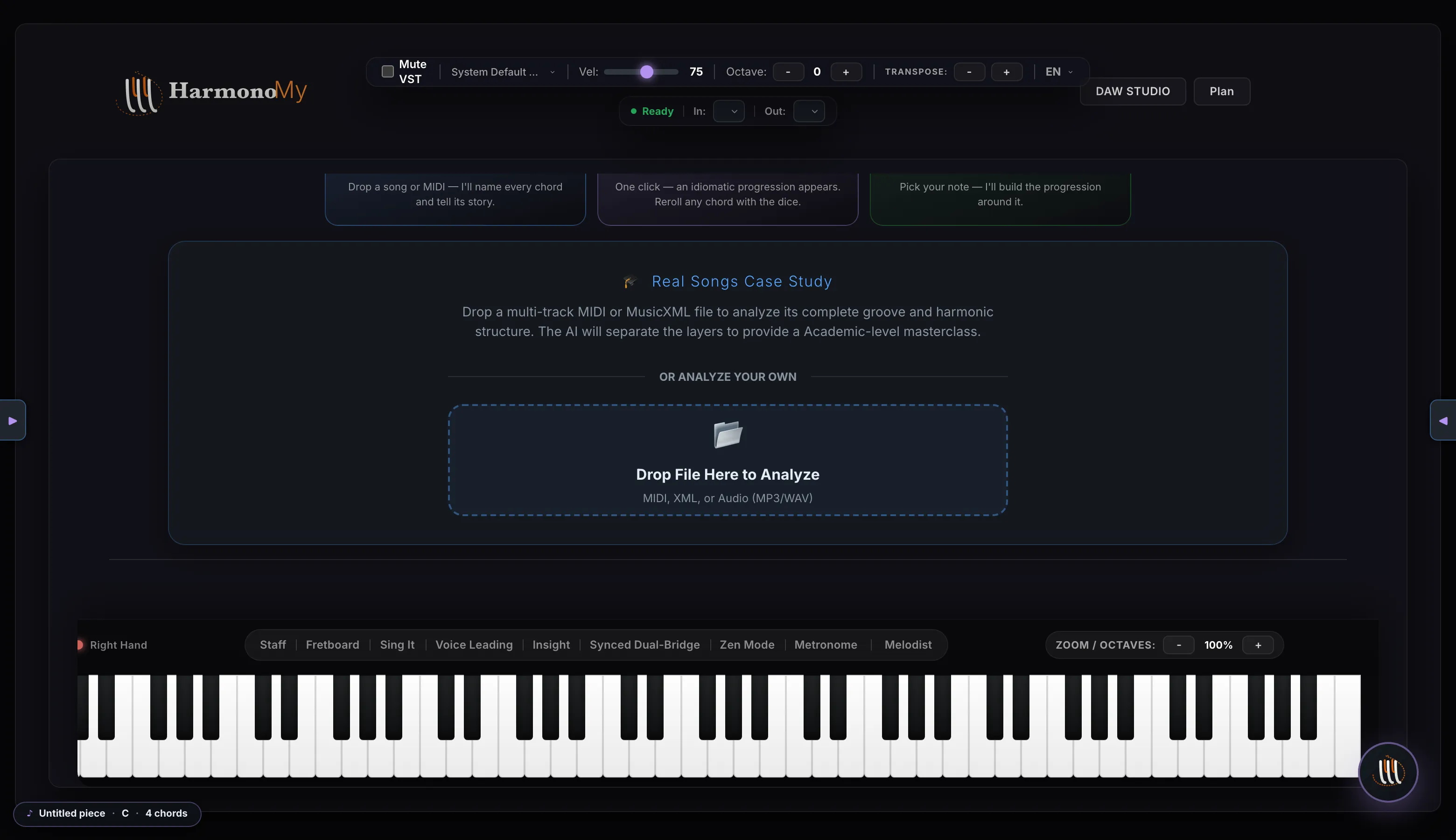 Real Songs Case Study: drop a multi-track MIDI or MusicXML file and the AI separates the layers for an academic-level masterclass — actual product screenshot