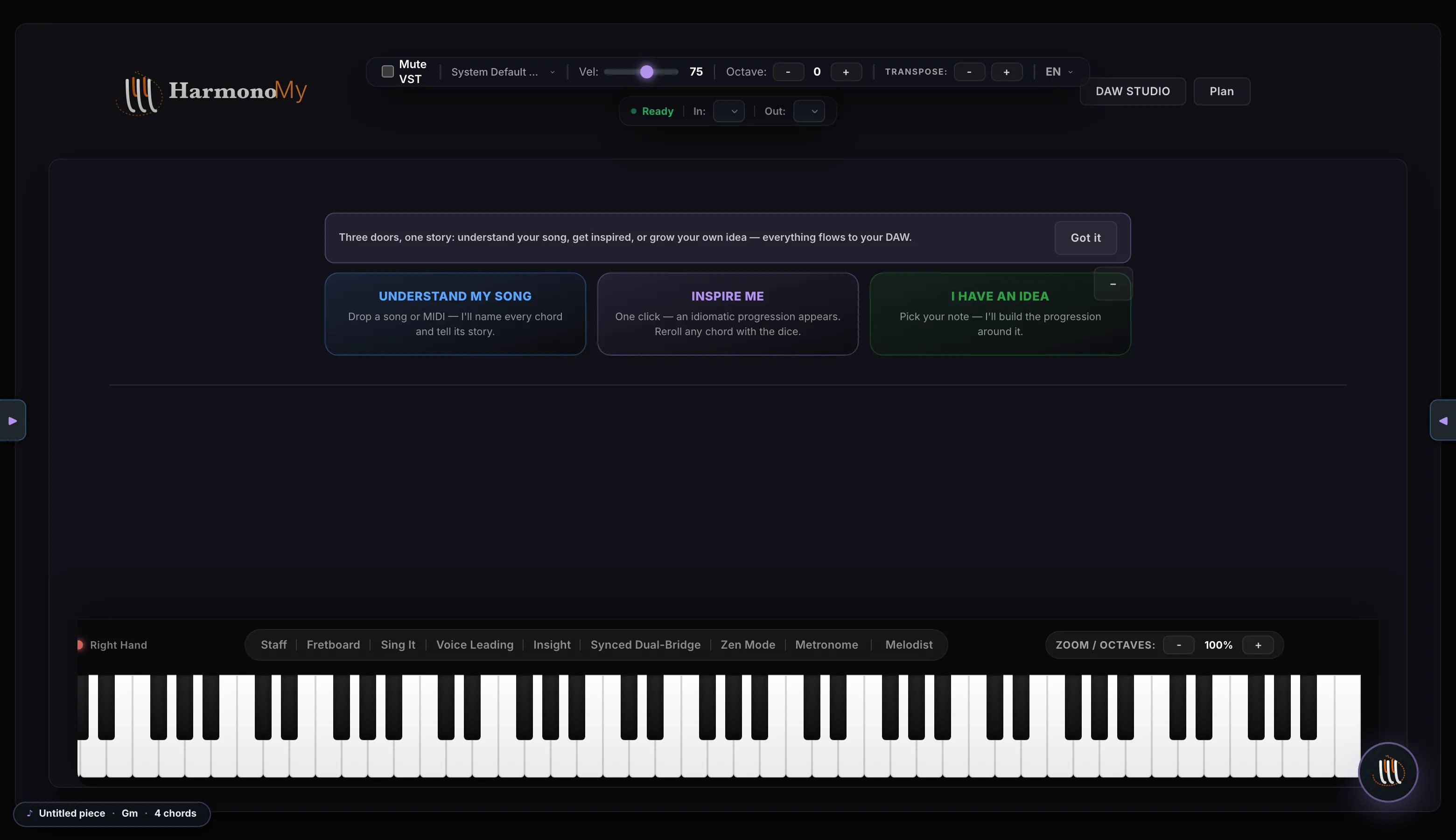 HarmonoMy home screen: three named doors — Understand My Song, Inspire Me, I Have An Idea — with the full keyboard below. Actual product screenshot.